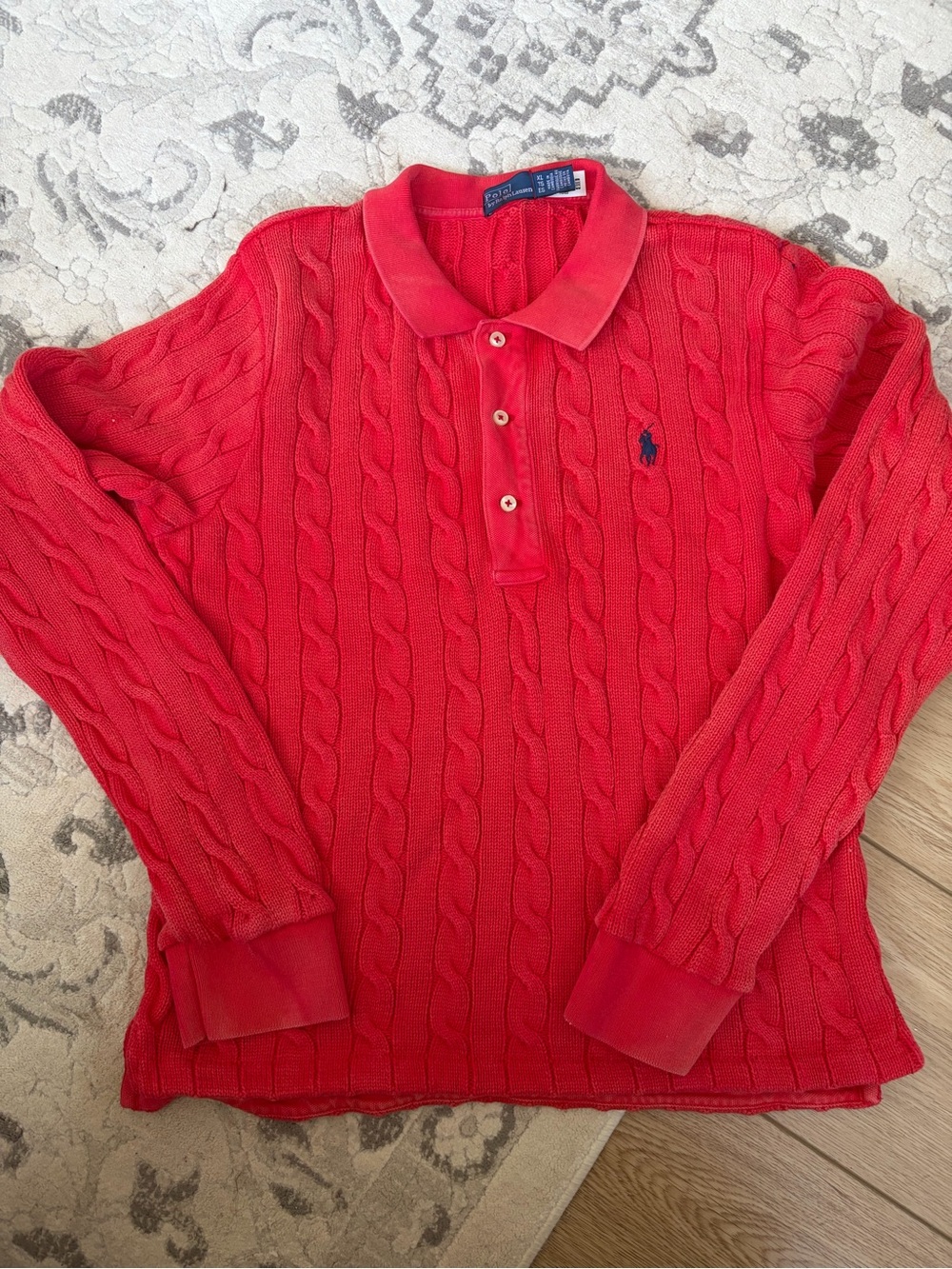Polo by Ralph Lauren Red Cable-Knit Long-Sleeve Polo with Navy Pony